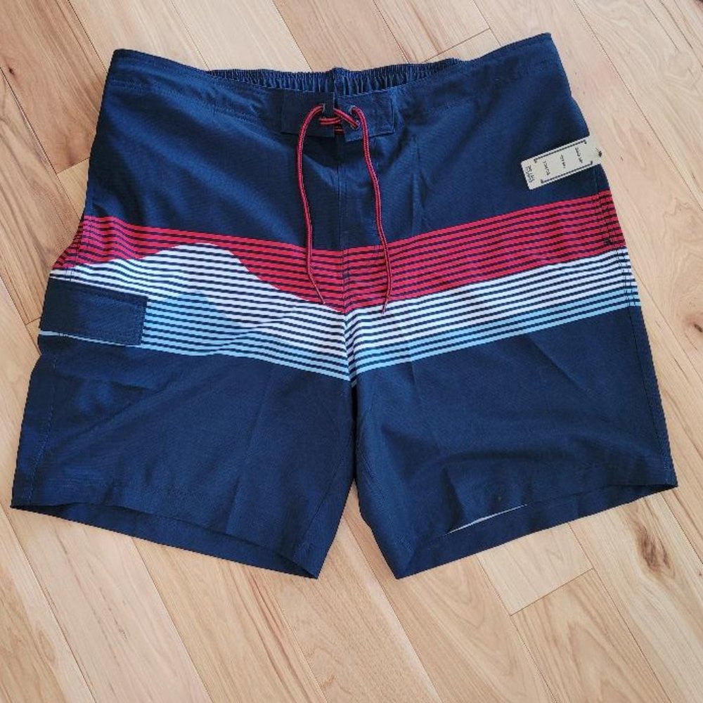 George Men's XL 40-42 Swim Short @ The Knee Quick Dry UPF Stretch Navy Red White